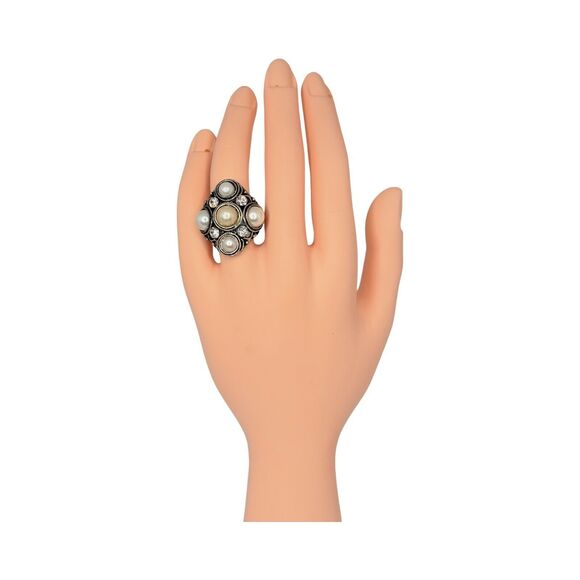 Vintage White Pearl Rhinestone Cocktail Ring Sz 6.5 Antiqued Finish Adjustable - Picture 7 of 16